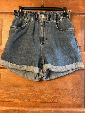 H&M Paperbag Waist Rolled Hem Denim Shorts - Blue